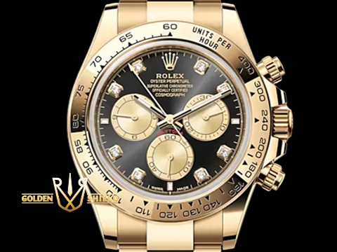 ROLEX 勞力士 Cosmograph Daytona 迪通拿 126508 黃金鍊帶款 計時碼表 8鑽廠鑲鑽亮黑色及金色錶面盤 原廠鑲嵌鑽石時標 自動上鍊 40mm 2026年保單 新式保卡