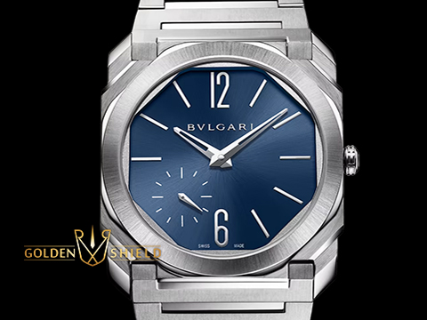 BVLGARI 寶格麗 Octo Finissimo 厚度僅2.23mm 超薄 自動上鍊 103431 八角形 不鏽鋼材質 鍊帶款 鉑金微型自動盤 藍色太陽放射紋面盤 台灣公司貨 2026年保單