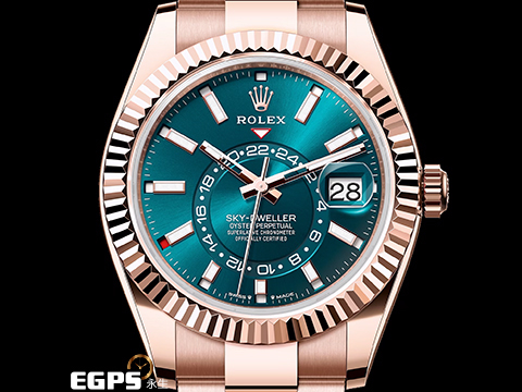 ROLEX 勞力士 Sky-Dweller 蠔式 天行者 336935 最新9002新機芯 藍綠色面盤 永恆玫瑰金 沙羅系統 年曆錶 兩地時區 經典三角坑紋錶圈 2024年保卡 蠔式(Oyster)三節錶帶 自動上鍊 42mm