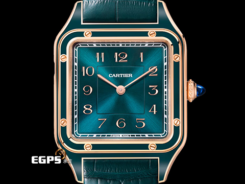 CARTIER 卡地亞 Santos-Dumont 山度士 杜蒙特 WGSA0098 經典 大型款 真漆孔雀藍面盤、錶背鐫刻親筆簽名 玫瑰金材質 2025年保卡 手上鍊 43.5x31.4mm