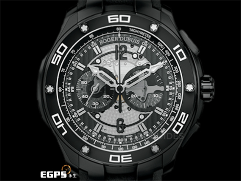 ROGER DUBUIS 羅杰杜彼 Pulsion 鈦金屬計時碼錶 RDDBPU0005 冒險家鏤空計時腕 2025年保單 錶 RDDBPU0005 微型自動盤 極線條簡潔流暢,又不失神秘感 延伸至錶殼側面的藍寶石水晶錶圈 機芯100%符合日內瓦印記標準的製錶商 自動上鏈 44mm