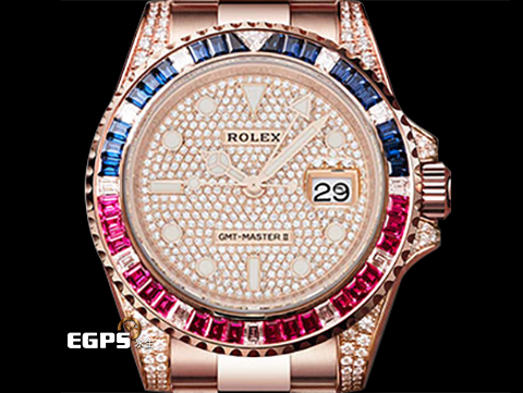 ROLEX 勞力士 GMT-MASTER II 格林威治型 18K永恆玫瑰金材質 126755SARU-PAVE DIAL 原鑲藍紅寶石錶圈 兩地時區 頂級百事圈!稀有夢幻收藏款!原鑲滿天星鑽石面盤 2021年單 新式綠卡 自動上鏈 40mm