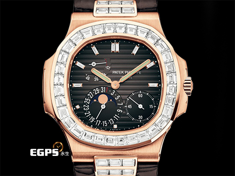 Patek philippe 百達翡麗 PP錶 Nautilus 鸚鵡螺 金鷹系列 5712R-001 18K玫瑰金材質 精鑲大梯鑽框 絕版日內瓦印記 月相盈虧 動能顯示 自動上鍊43x38mm