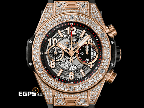 HUBLOT 宇舶 Big Bang Unico 大爆炸 411.OX.1180.RX.1704 原鑲鑲鑽 整支重量約4.2兩 飛返 計時碼表 玫瑰金 鏤空面盤 新錶訂價:1,763,000元 自動上鍊 45mm