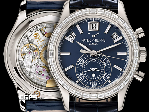 PATEK PHILIPPE 百達翡麗 PP錶 5961P-001
複雜功能飛返計時年曆錶 PT950鉑金材質 原廠鑲嵌長方形透明鑽石時標、錶圈、錶扣 藍色面盤 2021年保單 錶友蒐藏未使用品 新錶訂價:5,695,000元 自動上鍊 40.5mm