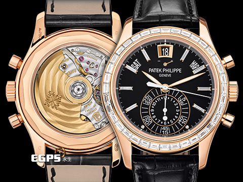 Patek Philippe 百達翡麗 PP錶 Complications Annual Calendar Chronograph 複雜功能時計 5961R-010 原廠鑲嵌頂級天然長方形鑽框、錶扣、鑽石時標面盤 玫瑰金 5961 R 飛返 計時碼表 年曆功能 動能顯示 新錶訂價：5,752,000元 2016年保單 自動上鍊 40.5mm
