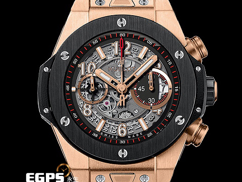 Hublot 宇舶 Big Bang Unico King Gold Ceramic 大爆炸 411.OM.1180.RX 鏤空面盤 王金材質 陶瓷外圈 飛返 計時碼表 台灣公司貨 自動上鏈 45mm