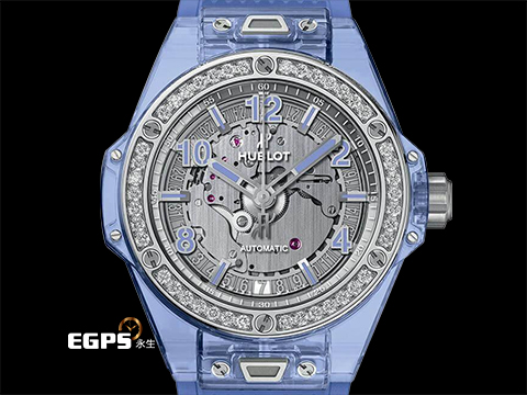 Hublot 宇舶 Big Bang One Click Blue Sapphire 大爆炸 465.JL.4802.RT.1204 極少見薰衣草色藍寶石水晶材質錶殼 原廠鑽圈 大三針 鏤空面盤 2019年保卡 限量200支 典藏全透明錶盒 自動上鍊 39mm