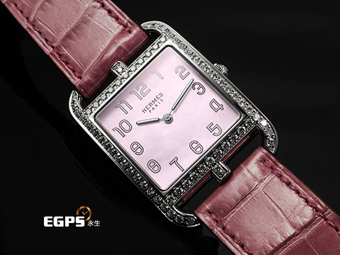 HERMES 愛馬仕 Cape Cod 系列 CC2.730 原廠鑲鑽 淺粉色珍珠貝母面盤 不鏽鋼材質 台灣公司貨 石英機芯 29mm