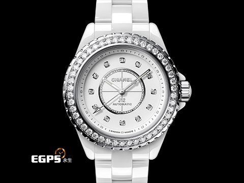 CHANEL 香奈兒 J12 Caliber 12.2 系列 Diamond Bezel H10473 原廠鑲嵌頂級天然美鑽 鑽石時標、鑽石外圈(共48 顆 重約1.27克拉) 白陶瓷 專利不鏽鋼蝴蝶扣 2025年保卡 自動上鍊 33mm