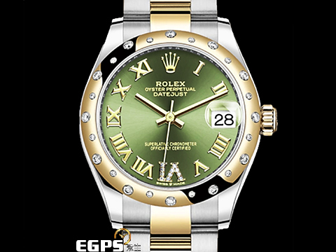 ROLEX 勞力士 Datejust 31 蠔式日誌型 278343RBR 原廠鑽圈、VI鑲鑽時標 橄欖綠色面盤 DJ31 278343 RBR 半金款 18K黃金 2022年保卡 蠔式(Oyster)三節錶帶 自動上鍊 31mm