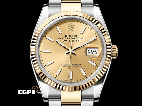 ROLEX 勞力士 Datejust 36 蠔式日誌型 126233 皇帝金 金色面盤 18K黃金 半金款 DJ36 經典三角坑紋錶圈 2026年新式保卡 蠔式(Oyster)三節錶帶 自動上鍊 36mm