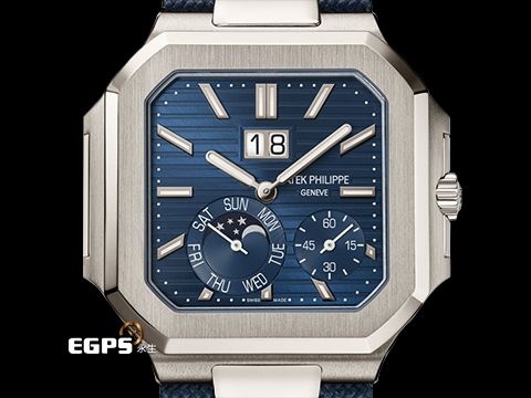 Patek Philippe 百達翡麗 PP錶 Cubitus Grand Date 最新款 5822P-001 Platinum 藍色水平浮雕日輝紋錶盤 5822 P 瞬跳大日期窗 星期顯示 月相盈虧 小秒針 PT950 鉑金材質 2025年台灣公司貨 自動上鍊 45mm
