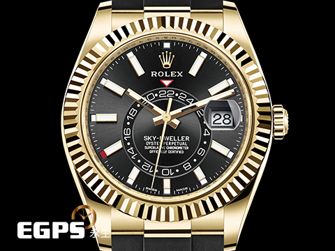 ROLEX 勞力士 Sky-Dweller 326238 蠔式 天行者 沙羅裝置 年曆錶 18K黃金材質 自動上鏈 Oysterflex橡膠錶帶 2022年新式綠卡 放射紋亮黑面 此錶歡迎各路錶友以PP、AP、勞力士 來店交換,本店將以最高價評估∼ 42mm