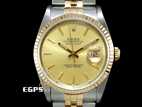 ROLEX 勞力士 DATEJUST DJ 16233 蠔式恆動 18K黃金材質 半金款 原裝金色面盤 柱狀時標 自動上鍊 36mm