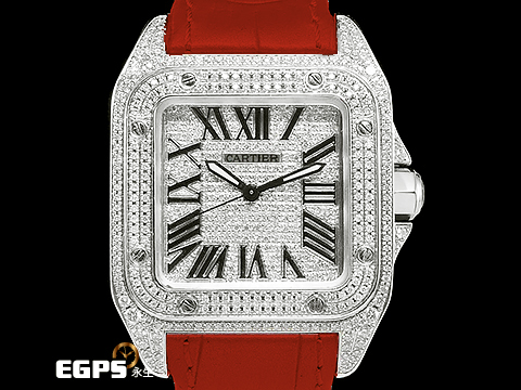 CARTIER 卡地亞 Santos 100 山度士 中型 精鑲滿天星鑽石面盤、鑲鑽錶圈 紅色客製化皮革錶帶 自動上鍊 36mm