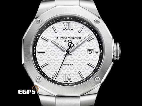 BAUME & MERCIER 名士 Riviera M0A10829 Super-LumiNova 夜光塗層 純白色波浪紋錶盤 2025年保卡 快拆功能系統 自動上鏈 42mm