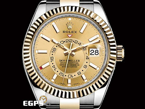 ROLEX 勞力士 Sky-Dweller 326933 天行者 18K黃金材質 半金款 皇帝金金色面盤 兩地時區 沙羅系統 年曆錶 2023年保卡 自動上鍊 42mm