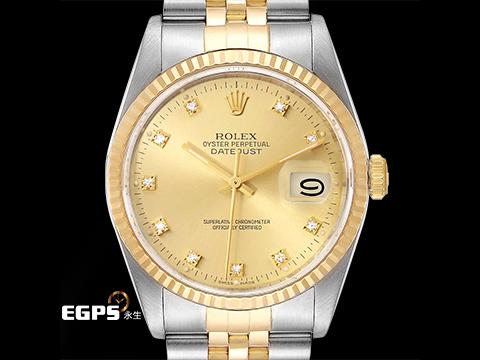 ROLEX 勞力士 DATEJUST 16233 蠔式日誌型 18K黃金 半金款 鑲嵌鑽石時標 香檳金色面盤 經典 自動上鍊 36mm