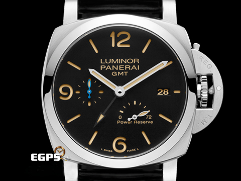 PANERAI 沛納海 Luminor 1950 3 Days GMT Power Reserve PAM01321 經典三明治面盤 淡褐色夜光時標 菸草面 PAM1321 藍色小秒針 三日鍊 GMT 兩地時間 動能儲存顯示 2023年台灣公司貨 自動上鍊 44mm