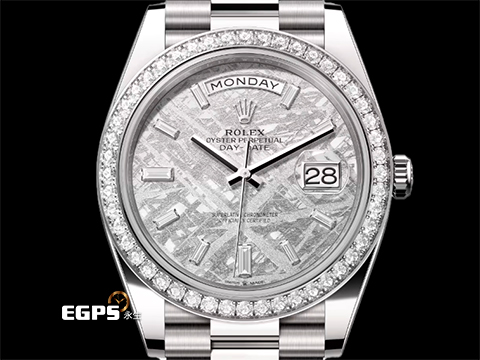 ROLEX 勞力士 DayDate 40 蠔式 星期日曆型 228349RBR Met Meteorite 隕石面盤 梯鑽時標 原廠鑽圈 228349RBR 經典 DD40 18K白金材質 2026年保單 元首型(President)錶帶 總統帶 自動上鍊 40mm