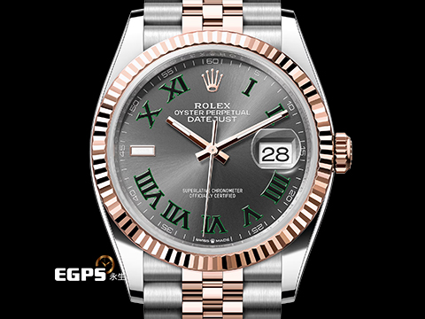 ROLEX 勞力士 Datejust 36 蠔式日誌型 126231 石板灰面盤 搭配 綠羅馬時標面盤 DJ36 玫瑰金 半金款 經典三角坑紋錶圈 2026年保單 紀念型(Jubilee)五銖錶帶 自動上鍊 36mm