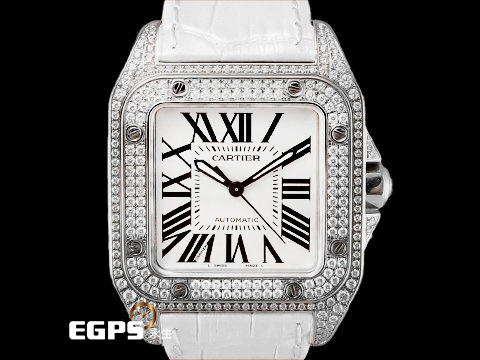 CARTIER 卡地亞 Santos100 山度士 W20126X8 中型 不鏽鋼 大三針 銀色白瓷面盤、劍形黑鋼夜光指針、羅馬數字時標 精鑲鑽石錶框錶耳 自動上鏈 33mm x 44mm