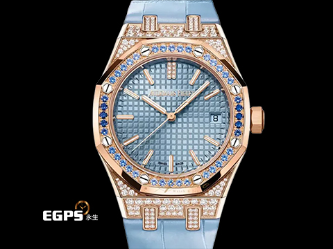 Audemars Piguet 愛彼 AP錶 Royal Oak 皇家橡樹 15551OR.ZS.D344CR.01 原廠鑲滿漸層藍色藍寶石錶圈 水藍色Grande Tapisserie格紋錶盤 原廠鑲嵌鑽石錶殼 2025年保卡 自動上鍊 37mm