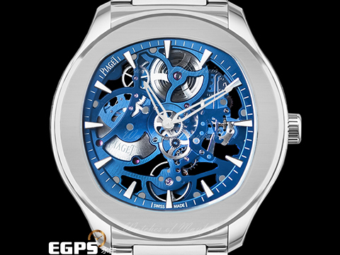 PIAGET 伯爵 Polo skeleton系列 G0A45004 藍色鏤空面盤 微型自動盤超薄鏤空機芯 枕型 不鏽鋼 2023年保單 新式快拆錶帶 另附原廠藍色皮錶帶 自動上鍊 42mm