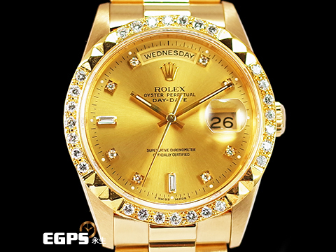 ROLEX 勞力士 DAY-DATE 蠔式星期日誌型 18238 原廠十鑽面盤 精鑲金字塔鑽圈 元首型鏈帶 18K黃金材質 自動上鍊 36mm