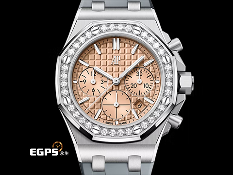 Audemars Piguet AP錶 愛彼 Royal Oak Offshore 皇家橡樹離岸型 26231ST.ZZ.A178CA.01 18K白金材質 鮭魚色熊貓面盤 原廠鑲嵌32顆鑽石錶圈(共1.02克拉) 2024年保卡 自動上鍊 37mm