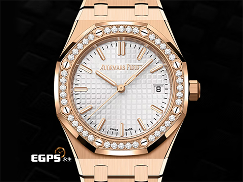 Audemars Piguet 愛彼 AP錶 Royal Oak 皇家橡樹 77451OR.ZZ.1361OR.04 18K玫瑰金材質 銀白色Grande Tapisserie錶盤 40顆原廠鑲嵌美鑽錶圈(約重0.71克拉) 2024年新式保卡 自動上鍊 34mm