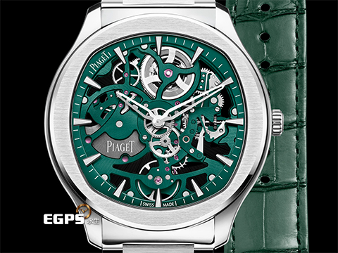 PIAGET 伯爵 Polo Skeleton系列 G0A47008 綠色鏤空面盤 微型自動盤超薄鏤空機芯 枕型 不鏽鋼 2025年保卡 新式快拆帶系統 附綠色皮革錶帶 自動上鍊 42mm