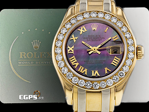 ROLEX 勞力士 Lady-Datejust Pearlmaster 69298 蠔式 原廠鑲鑽 珍珠母貝面盤 18K黃金材質 經典 三 色 金 錶帶 彩虹帶 已回原廠原整保養,保固至2027年 自動上鏈 28mm