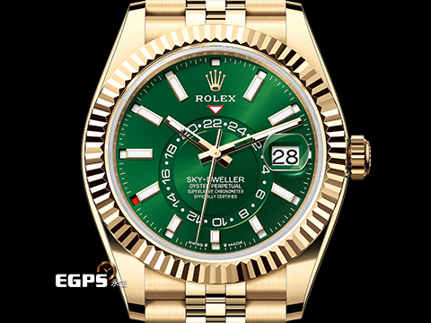 ROLEX 勞力士 Sky-Dweller 蠔式 天行者 336938 亮綠色面盤 年曆錶 沙羅系統 兩地時區 18K黃金材質 經典三角坑紋外圈 2026年保單 紀念型(Jubilee)五銖錶帶 自動上鍊 42mm