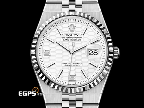 ROLEX 勞力士 Land-Dweller 127234 18K白金材質三角坑紋錶圈 最新系列 陸行者 勞力士數一數二的透背錶款 醇白色蜂巢圖案錶面 絲滑服貼的最新錶帶設計 2026年保卡 纖薄紀念型(Flat Jubilee)錶帶 自動上鍊 36mm