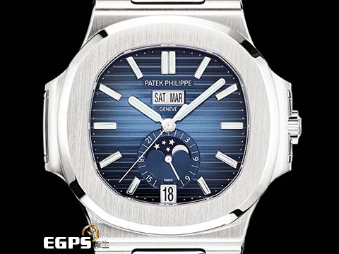 Patek Philippe 百達翡麗 PP錶 Nautilus Annual Calendar MoonPhase 金鷹 鸚鵡螺 5726/1A-014 水平橫紋浮雕漸層 藍色面盤 5726 年曆錶 月相盈虧 不鏽鋼 新一代鋼王 2026年保單 新型可微調錶扣 自動上鏈 40.5mm