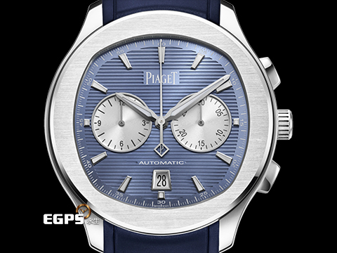 PIAGET 伯爵 Piaget Polo Chronograph 計時碼錶 G0A48024 不鏽鋼材質 劍型指針 冰河藍色橫向雕紋面盤 銀色計時盤 深藍色橡膠錶帶 2026年保卡 自動上鍊 42mm