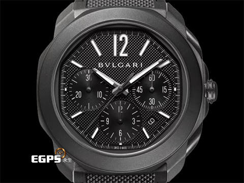 BVLGARI 寶格麗 Bulgari Octo Roma Chronograph 103932 黑色DLC塗層不鏽鋼 黑色巴黎釘紋錶盤 八角形多稜角設計外框 計時碼表 2026年保卡 快拆錶帶系統 附原廠橡膠錶帶 自動上鍊 42mm