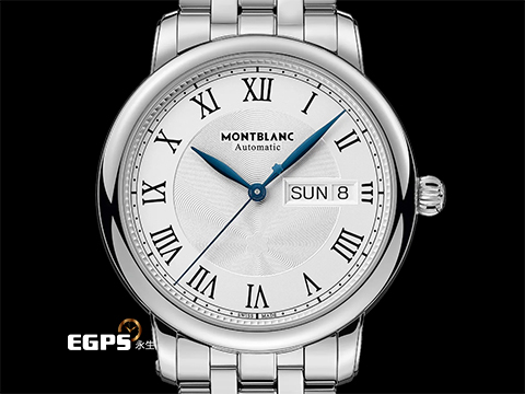 MONTBLANC 萬寶龍 Star Legacy Day Date 明星傳承系列 128687 銀白色放射星形扭索飾紋錶盤 藍鋼指針 不鏽鋼 星期日期顯示 大三針 2026年保單 自動上鍊 39mm