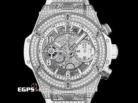 Hublot 宇舶 BIG BANG 大爆炸 Unico Titanium 441.NE.2011.RW.1704 鈦金屬材質 原廠鑲嵌170顆鑽石錶殼(共0.8克拉) 126顆鑽石錶圈(共1.1克拉) 2024年電子保單 飛返計時碼錶 自動上鍊 42mm