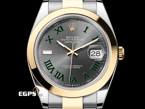 ROLEX 勞力士 Datejust 41 蠔式日誌型 126303 石板灰色面盤 搭配 綠色羅馬數字時標 溫布頓 DJ41 半金款 18K黃金材質 2021年保卡 蠔式(Oyster)三節板帶 自動上鍊 41mm