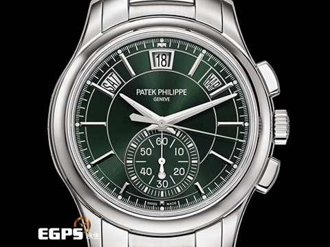 Patek Philippe 百達翡麗 PP錶 Complications 複雜功能時計 5905/1A-001 橄欖綠色日輝紋面盤 飛返計時 年曆錶 按動式摺疊扣 2025年保單 未整理極新品 新錶訂價:2,232,000元 自動上鍊 42mm