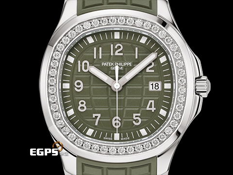 Patek Philippe 百達翡麗 PP錶 Aquanaut 5267 海底探險家 5267/200A-011 不鏽鋼材質 橡膠錶帶款 原廠鑲嵌鑽石錶圈(48顆鑽石:約1.11克拉) 2026年保單 卡其綠面盤、橡膠錶帶 石英機芯 38.8mm