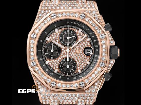 Audemars Piguet AP錶 愛彼錶 Royal Oak Offshore 皇家橡樹離岸型 18K玫瑰金材質 25940OK 計時碼表 精鑲鑽石滿天星面盤、鑲鑽錶圈、鑲鑽錶殼、鑲鑽摺疊帶扣 自動上鏈 42mm