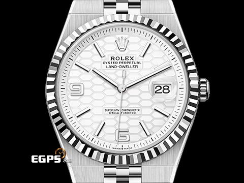 ROLEX 勞力士 Land-Dweller 127334 18K白金材質三角坑紋錶圈 最新系列 陸行者 勞力士數一數二的透背錶款 醇白色蜂巢圖案錶面 絲滑服貼的最新錶帶設計 2026年保卡 已貼膜 纖薄紀念型(Flat Jubilee)錶帶 自動上鍊 40mm