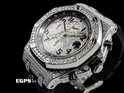 Audemars Piguet AP錶 愛彼錶 Royal Oak Offshore 皇家橡樹離岸型 26470ST.OO.A027CA.01 不鏽鋼材質 海軍 NAVY 精鑲天然滿天星鑽石表面、錶圈、錶殼 2016年保單 台灣公司貨 自動上鏈 42mm