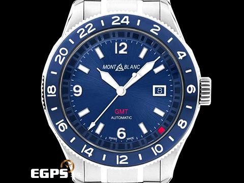 Montblanc萬寶龍 1858 GMT MB129616 藍色太陽放射紋面盤 錶背雕刻世界地圖、海洋及 24 個時區城市名稱 可作為世界時間參考 2025年 不鏽鋼材質 自動上鍊 43mm