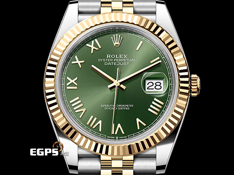 ROLEX 勞力士 DateJust 41 蠔式日誌型 126333 18K黃金材質 半金款 DJ41 經典三角坑紋錶圈 新款綠色面盤搭配金質立體羅馬時標 2026年保單 紀念型(Jubilee)五銖錶帶 自動上鍊 41mm