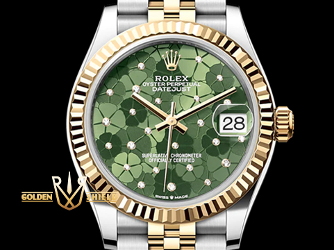 ROLEX 勞力士 Datejust 31 蠔式日誌型 278273 原廠鑲鑽橄欖綠花朵面盤 繡球花 18K黃金 半金款 DJ31 經典三角坑紋錶圈 2025年保單 新式保卡 自動上鍊 31mm